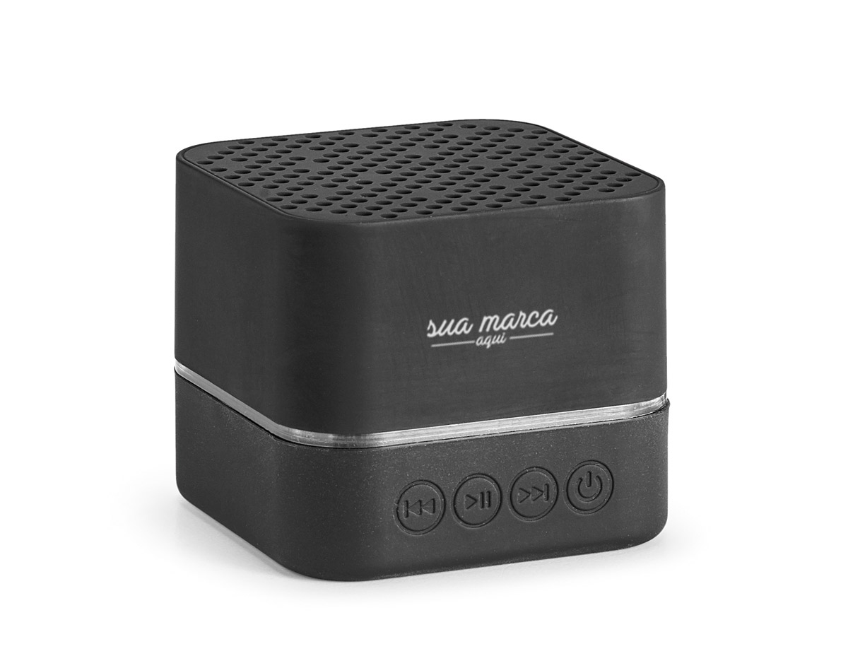 Caixa de som ABS acabamento emborrachado luz LED no seu interior transmissão por bluetooth. personalizável com logotipo iluminado. autonomia 2h. bateria 300mAh. inclui cabo USB -micro USB para carregamento