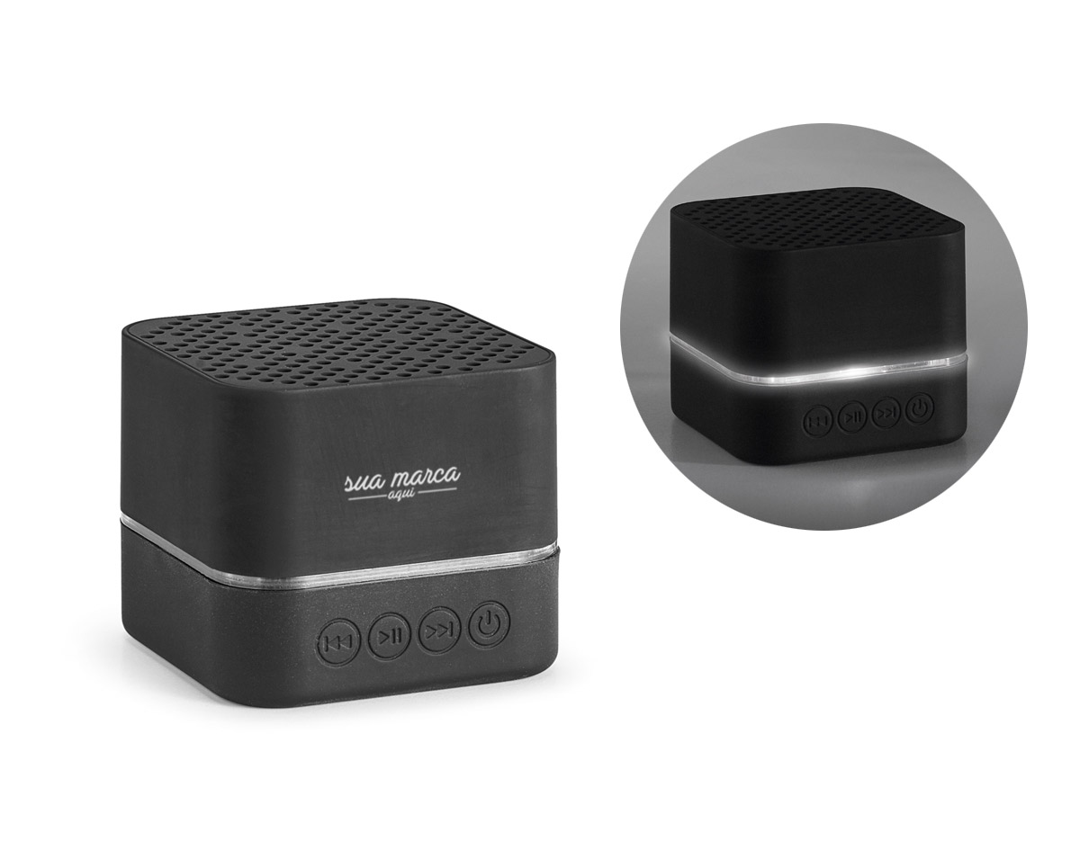 Caixa de som ABS acabamento emborrachado luz LED no seu interior transmissão por bluetooth. personalizável com logotipo iluminado. autonomia 2h. bateria 300mAh. inclui cabo USB -micro USB para carregamento