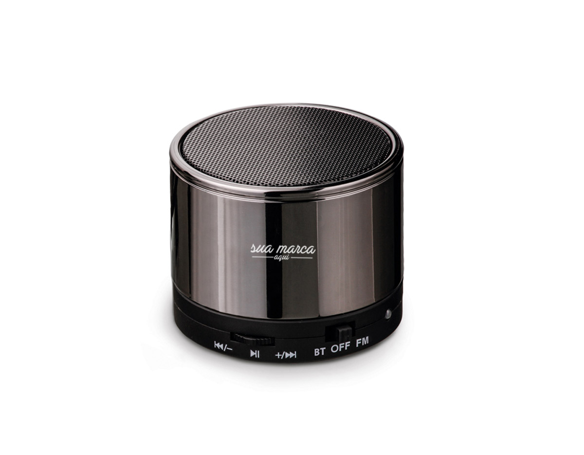 Caixa de som com microfone. com transmissão por bluetooth, ligação stereo 3,5 mm e leitor de cartões TF. autonomia até 8h. capacidade: 500mAh. função para atender chamadas, controle de volume, conexão à playlist do dispositivo móvel e rádio FM. incluso cabo USB/micro USB para carregar