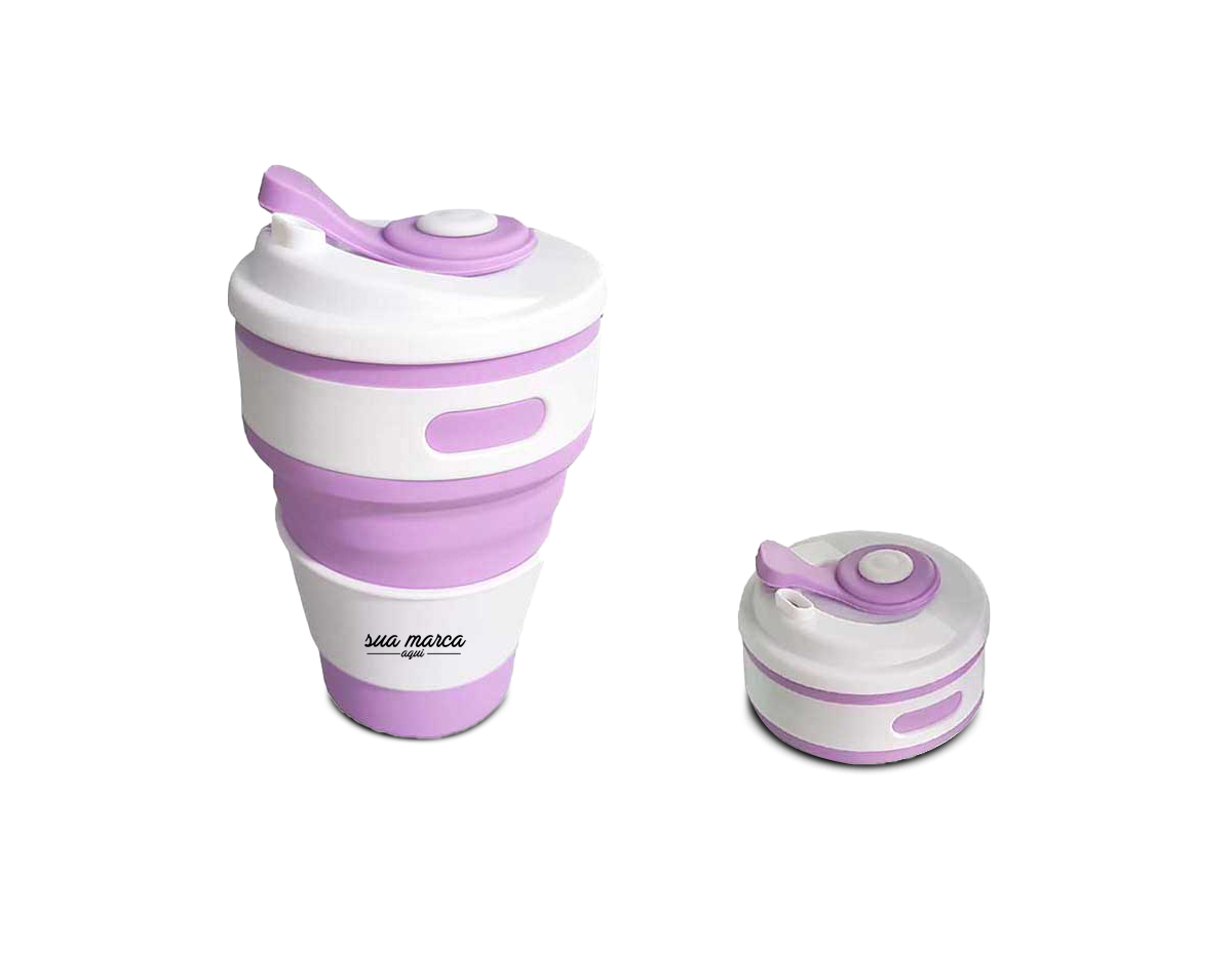 Copo retrátil 350ml de silicone, livre de BPA. Tampa plástica de encaixe com abertura para o bocal, acompanha "luva" plástica branca, evitando queimar as mãos com líquido quente.
