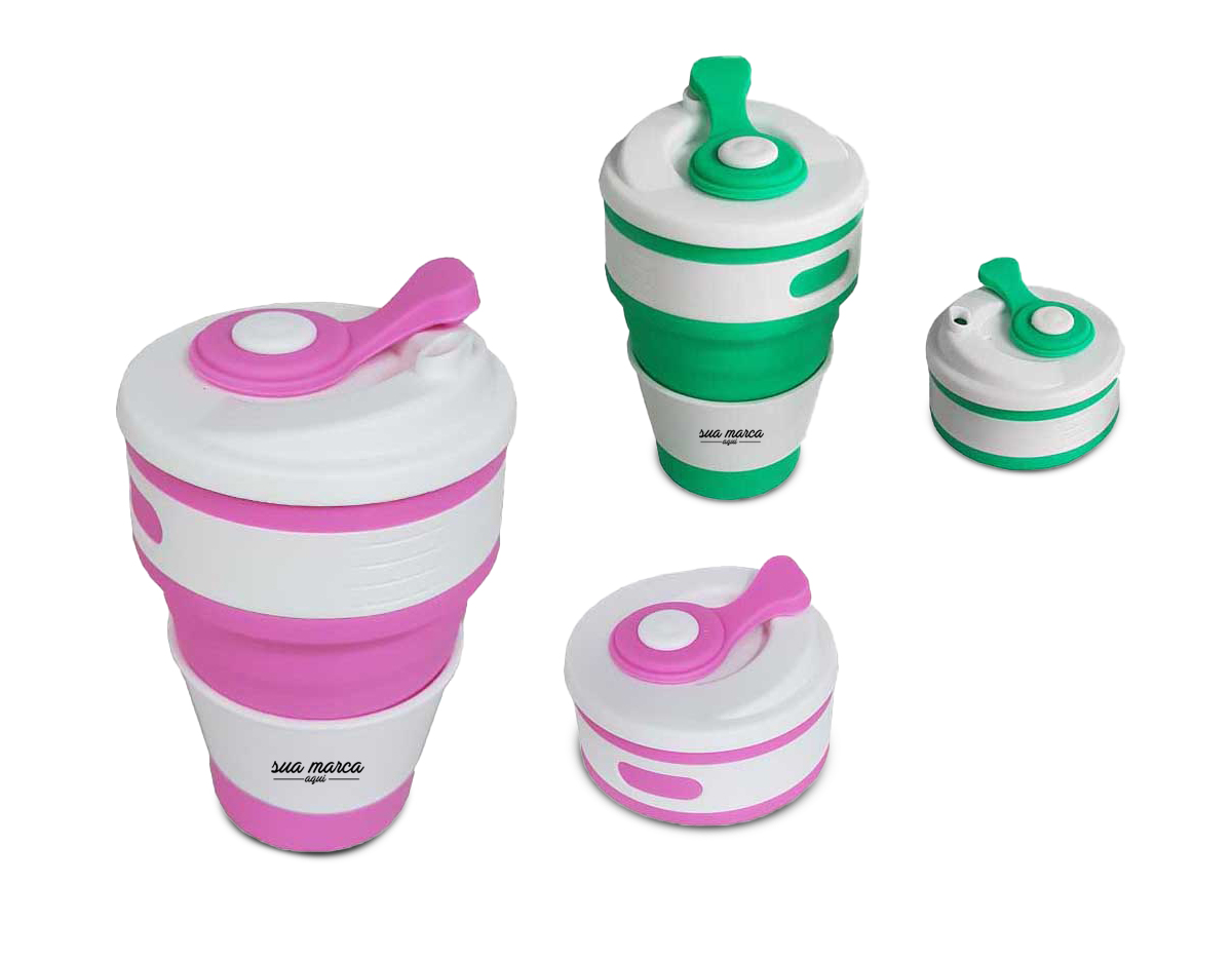  Copo retrátil 350ml de silicone, livre de BPA. Tampa plástica de encaixe com abertura para o bocal, acompanha "luva" plástica branca, evitando queimar as mãos com líquido quente.