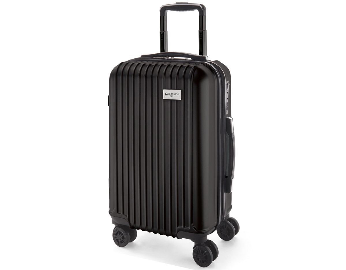 Mala de viagem executivo. ABS e PET. Interior forrado, com divisória. 4 rodas duplas giratórias. Pega extensível em alumínio, com mola (altura pega estendida até 530 mm). Fecho de segurança com senha. Placa metálica removível, para fácil gravação. Capacidade até 33 L