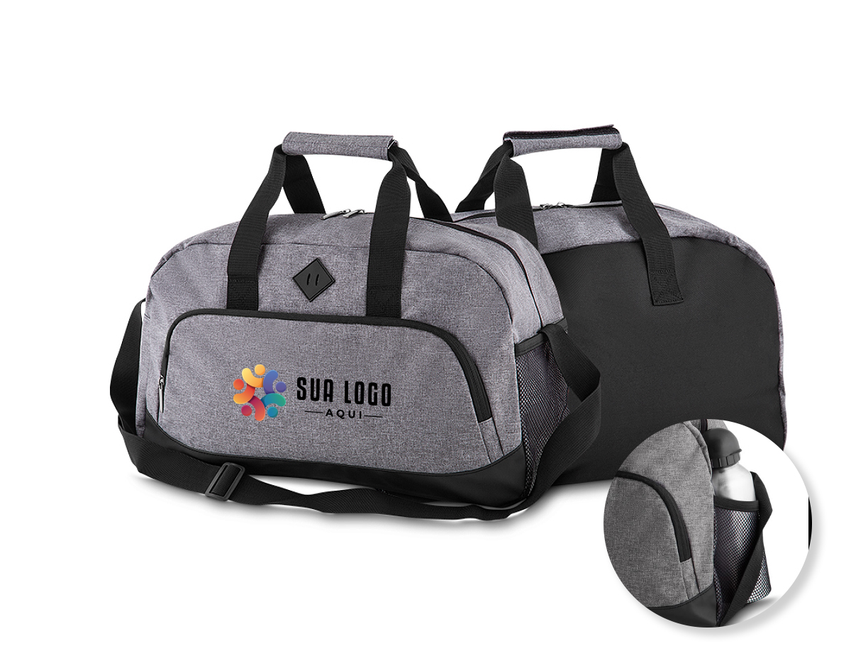 Mala esportiva em Poliéster com alça de mão e ombro. Bolso frontal e lateral.