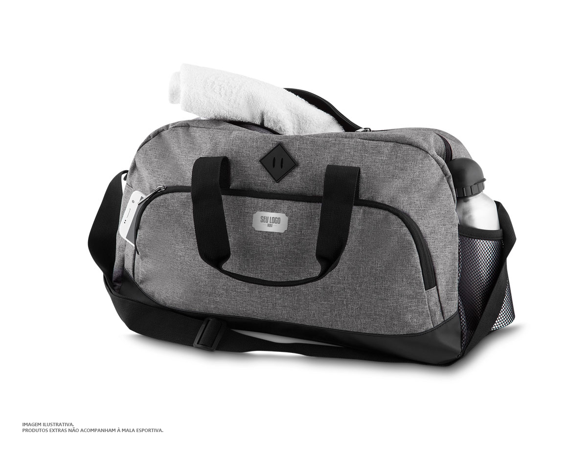 Mala esportiva em Poliéster com alça de mão e ombro. Bolso frontal e lateral.