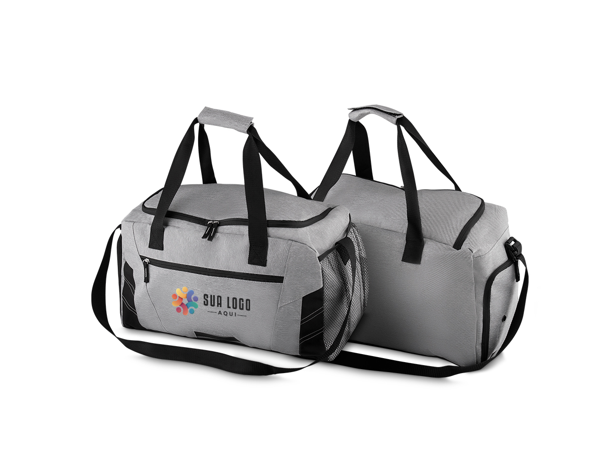 Mala esportiva poliester, bolso com zíper frontal, bolso lateral com zíper, alça de mão,