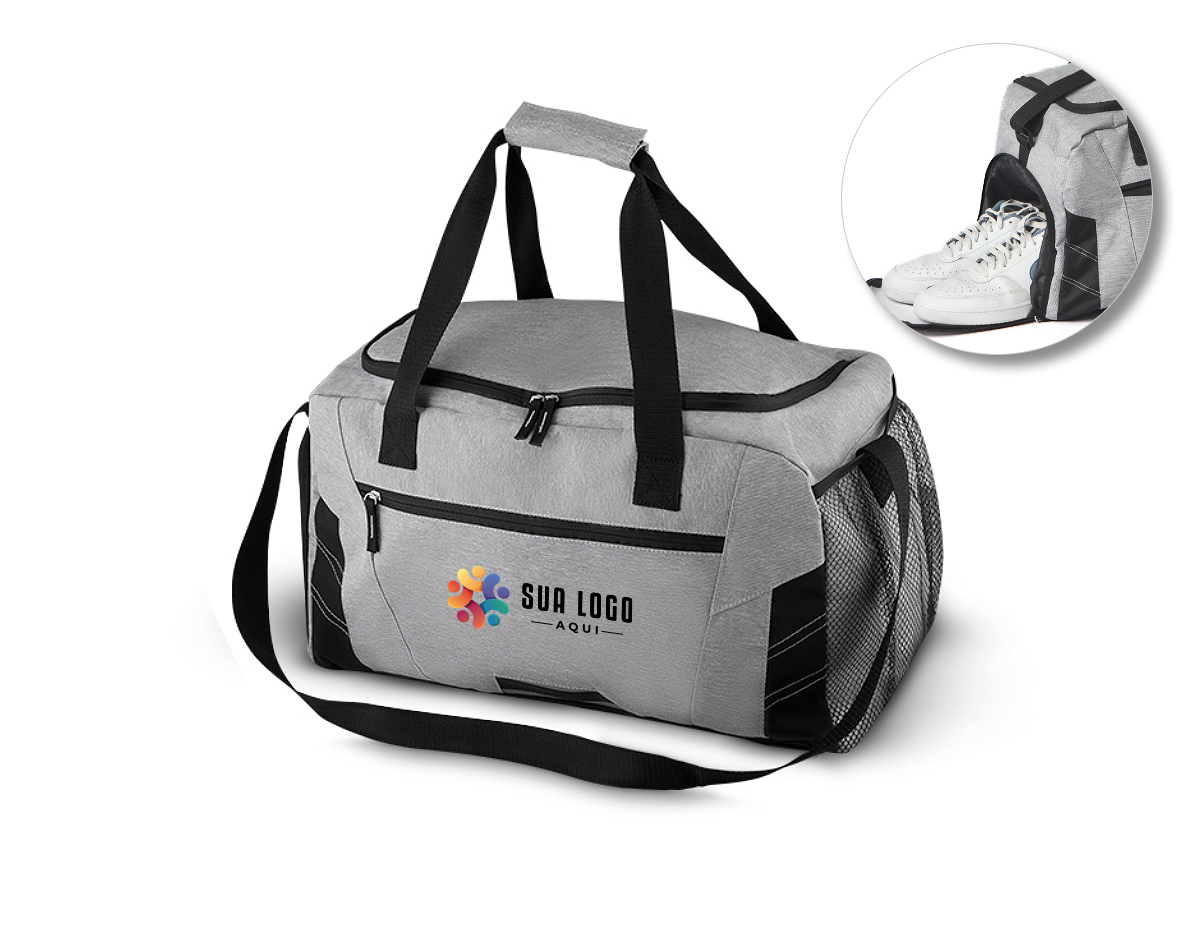 Mala esportiva poliester, bolso com zíper frontal, bolso lateral com zíper, alça de mão,