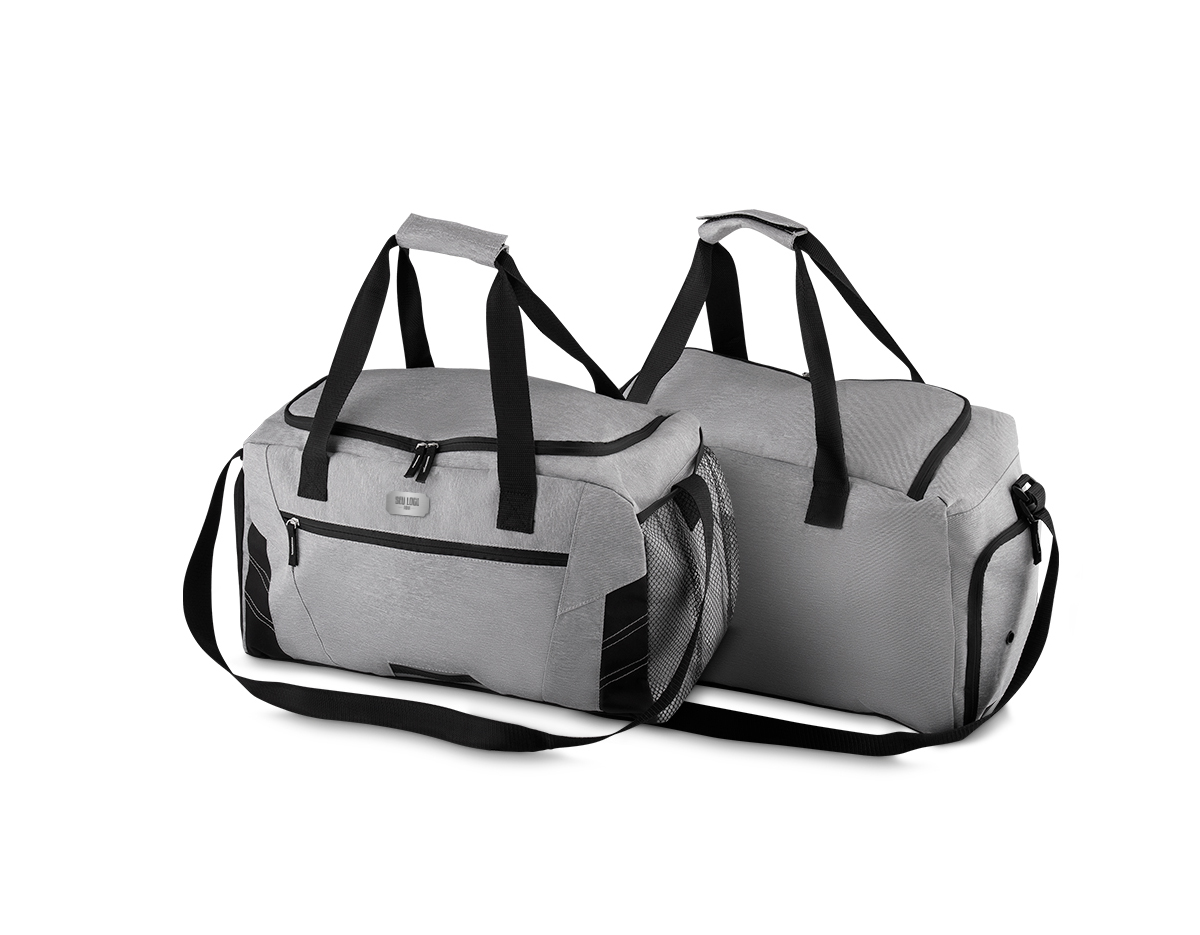 Mala esportiva poliester, bolso com zíper frontal, bolso lateral com zíper, alça de mão,