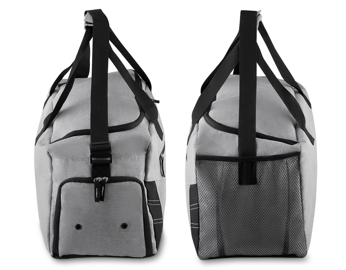 Mala esportiva poliester, bolso com zíper frontal, bolso lateral com zíper, alça de mão,