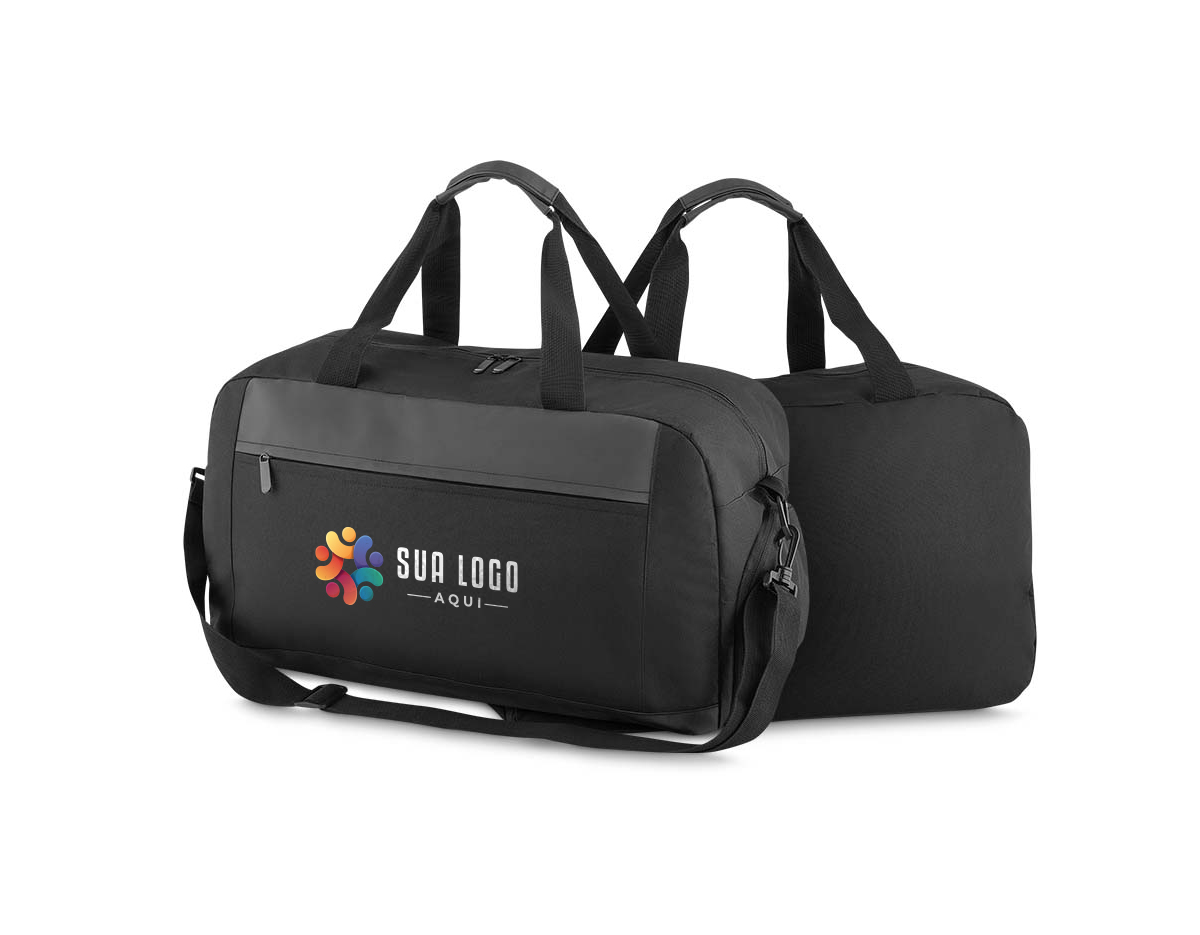 Mala esportiva em polyester, compartimento interno isolado para materiais molhados com abertura lateral, alça de ombro, alça de mão dupla, bolso externo com ziper