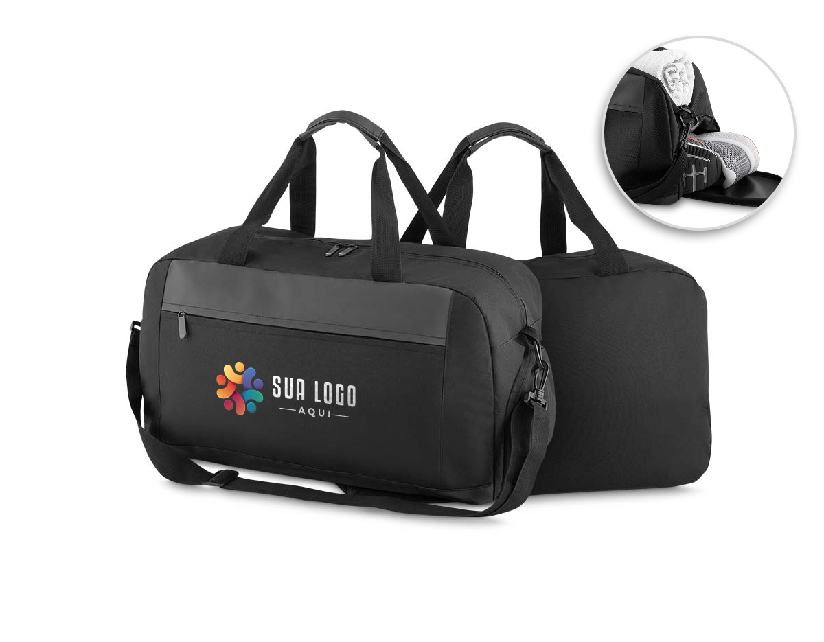 Mala esportiva em polyester, compartimento interno isolado para materiais molhados com abertura lateral, alça de ombro, alça de mão dupla, bolso externo com ziper
