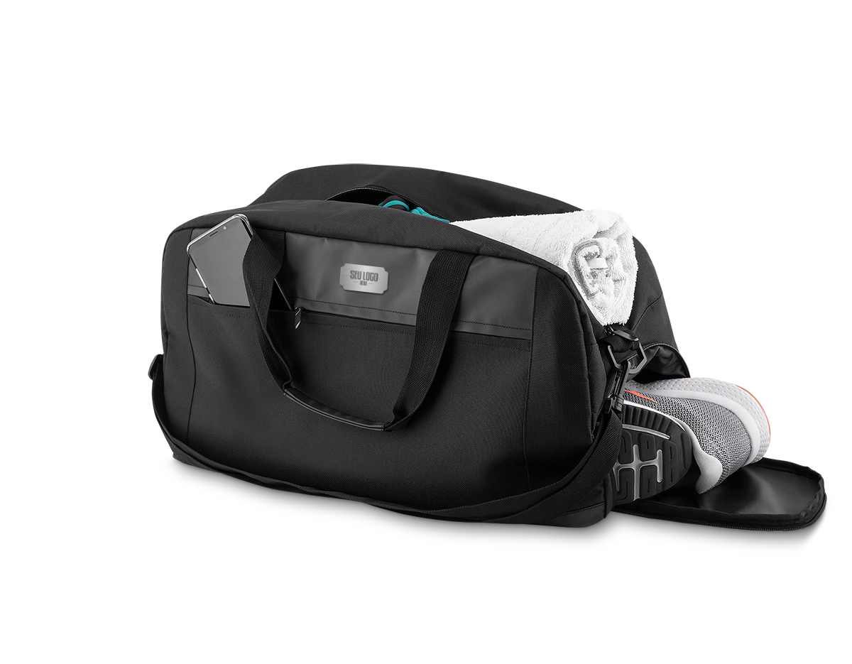Mala esportiva em polyester, compartimento interno isolado para materiais molhados com abertura lateral, alça de ombro, alça de mão dupla, bolso externo com ziper