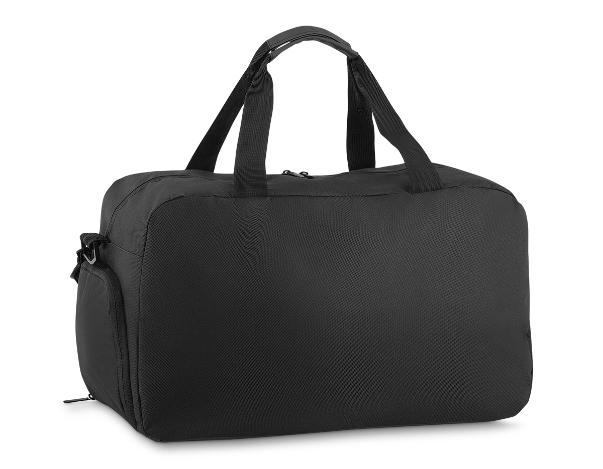Mala esportiva em polyester, compartimento interno isolado para materiais molhados com abertura lateral, alça de ombro, alça de mão dupla, bolso externo com ziper