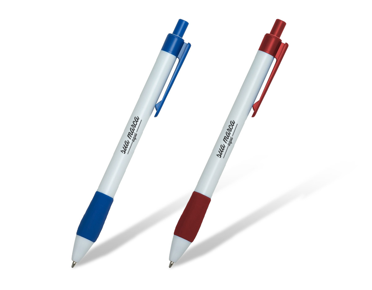 Caneta plástica branca com detalhes coloridos, incluindo detalhes com cores vibrantes. A parte inferior emborrachada, com detalhes em relevo, proporciona maior conforto e aderência durante o uso. Seu mecanismo de acionamento por clique oferece praticidade e agilidade, tornando-a ideal para o uso diário em qualquer ambiente.