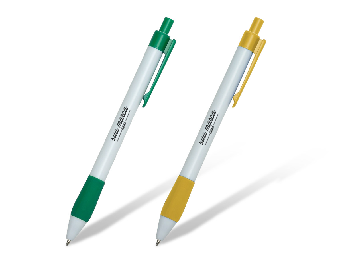 Caneta plástica branca com detalhes coloridos, incluindo detalhes com cores vibrantes. A parte inferior emborrachada, com detalhes em relevo, proporciona maior conforto e aderência durante o uso. Seu mecanismo de acionamento por clique oferece praticidade e agilidade, tornando-a ideal para o uso diário em qualquer ambiente.