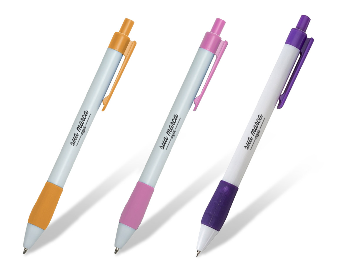 Caneta plástica branca com detalhes coloridos, incluindo detalhes com cores vibrantes. A parte inferior emborrachada, com detalhes em relevo, proporciona maior conforto e aderência durante o uso. Seu mecanismo de acionamento por clique oferece praticidade e agilidade, tornando-a ideal para o uso diário em qualquer ambiente.
