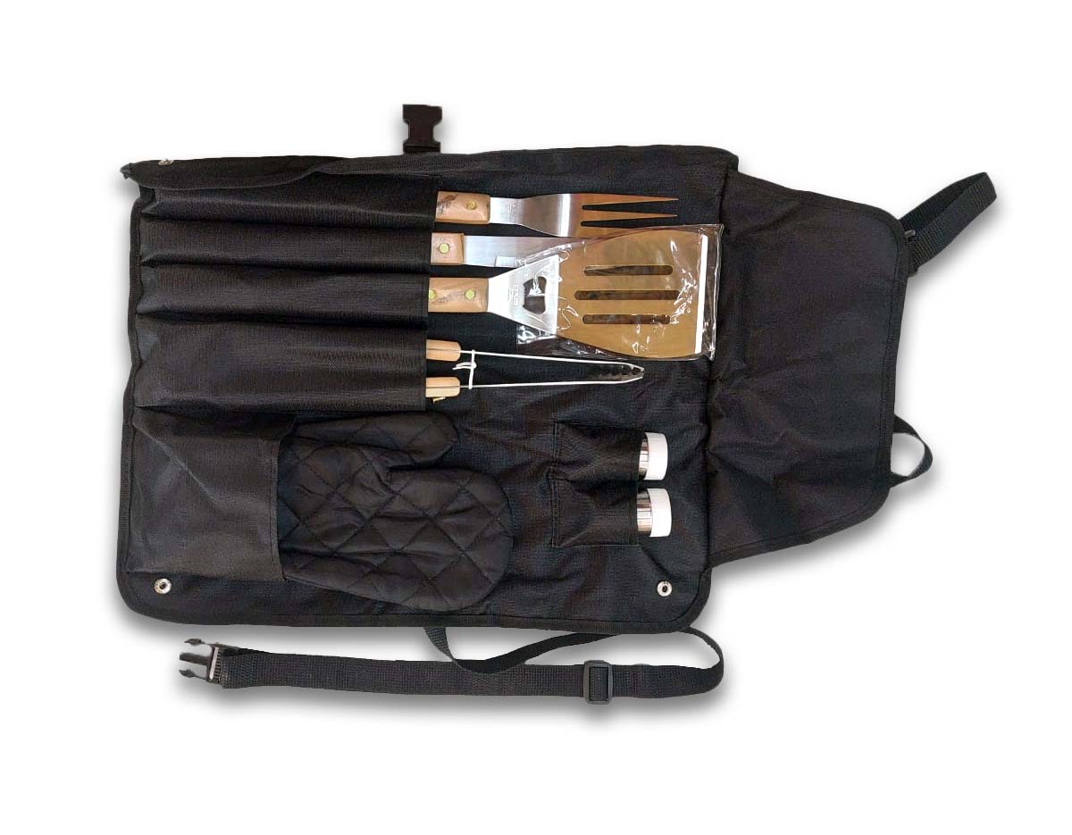 Kit churrasco com avental, Contém espátula, garfo, faca, pegador, saleiros e luva.