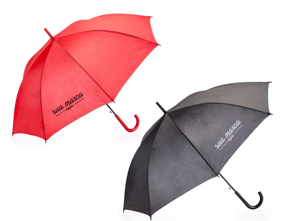 guarda chuva colorido com tecido de nylon e abertura automática, basta acionar o botão inferior. Possui 8 varetas pretas de aço, pegador e bico superior de plástico