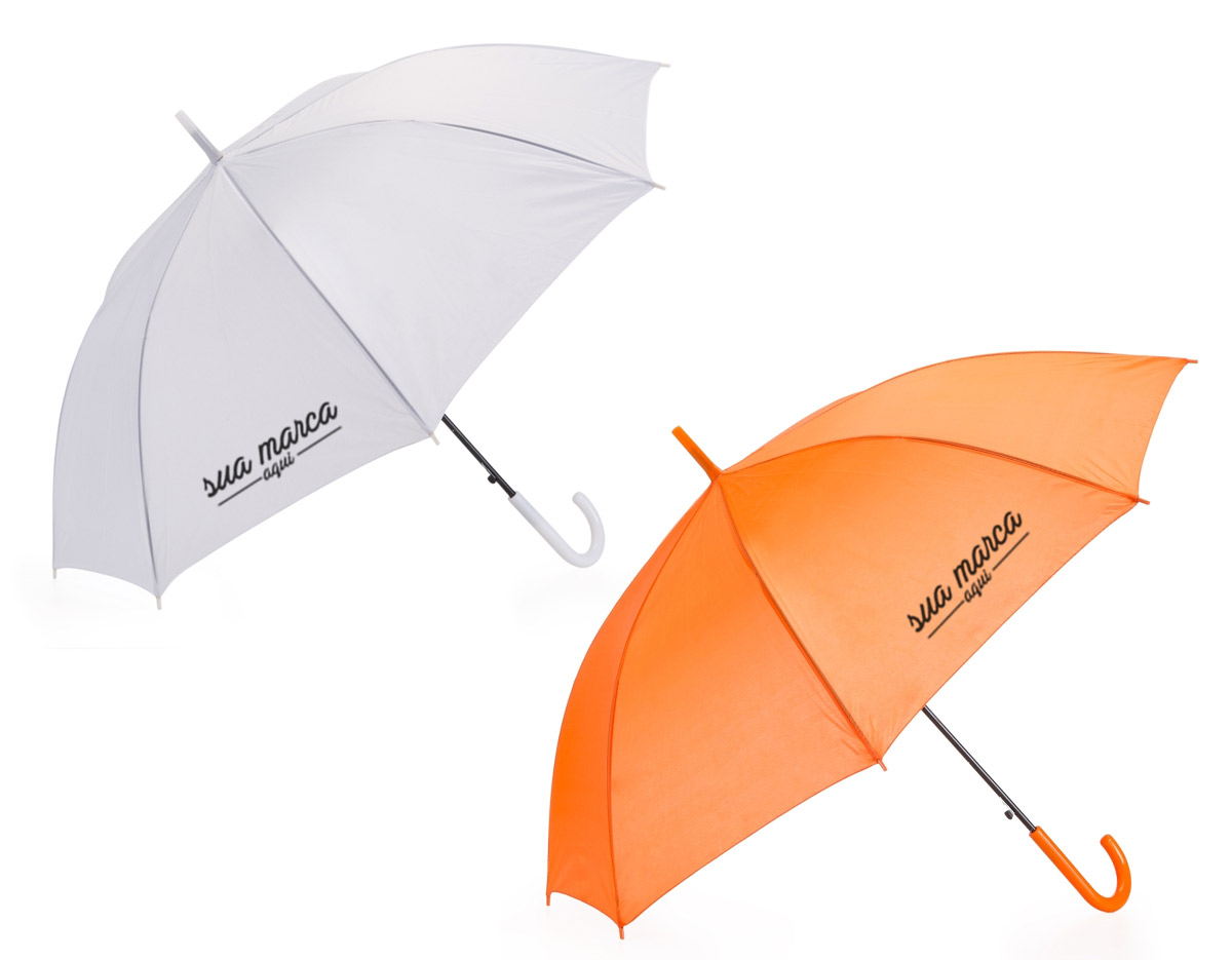 guarda chuva colorido com tecido de nylon e abertura automática, basta acionar o botão inferior. Possui 8 varetas pretas de aço, pegador e bico superior de plástico