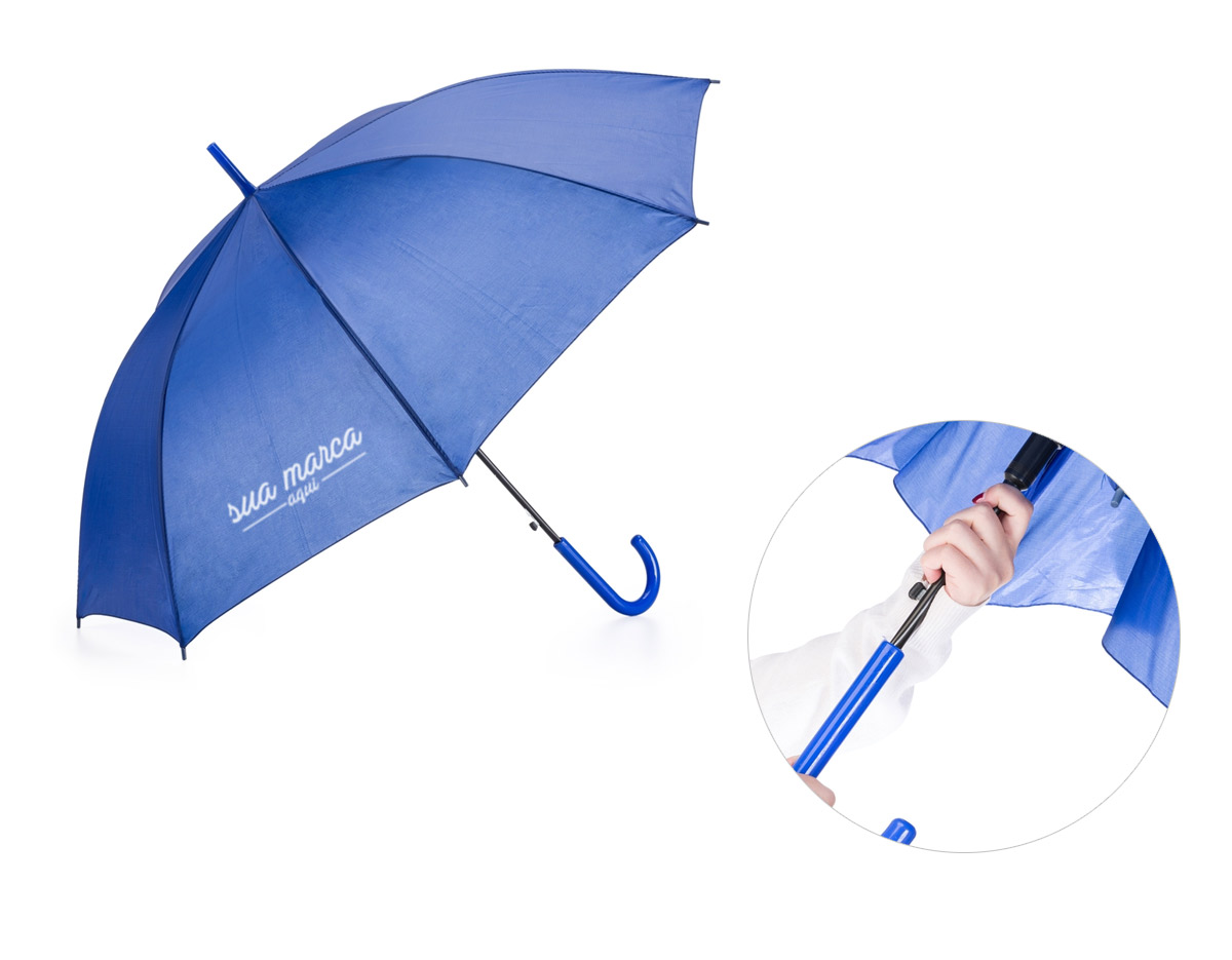 guarda chuva colorido com tecido de nylon e abertura automática, basta acionar o botão inferior. Possui 8 varetas pretas de aço, pegador e bico superior de plástico