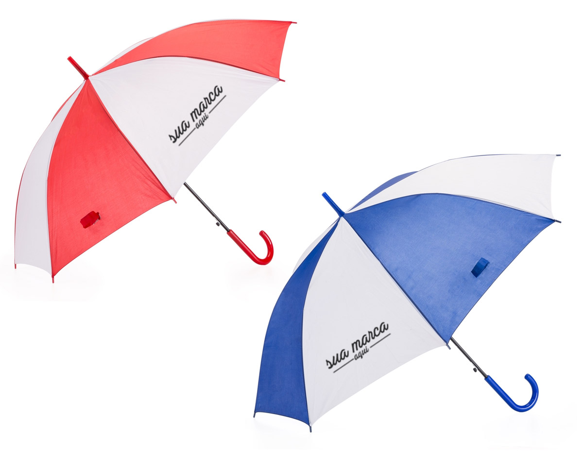 Guarda-chuva colorido com detalhes branco e tecido de nylon, basta acionar o botão inferior para abertura automática. Possui 8 varetas pretas de aço, pegador e bico superior de plástico.