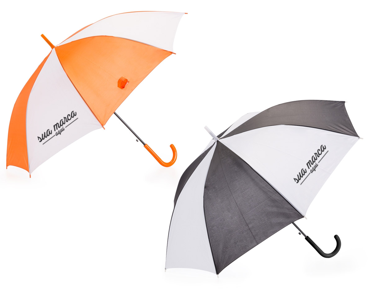 Guarda-chuva colorido com detalhes branco e tecido de nylon, basta acionar o botão inferior para abertura automática. Possui 8 varetas pretas de aço, pegador e bico superior de plástico.
