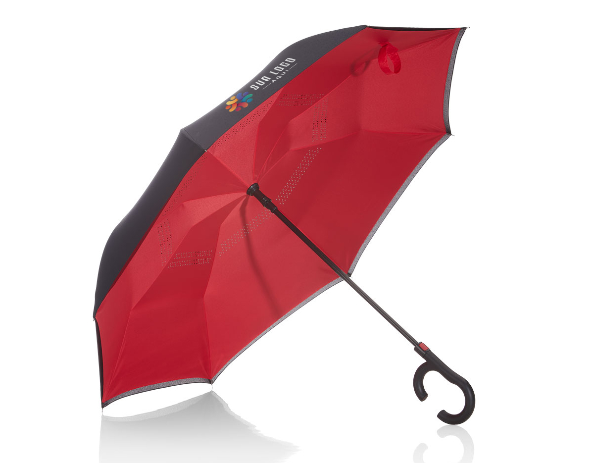 guarda chuva invertido com cabo plástico e haste de metal, botão acionador para abertura automática, tecido ponge chinês, seda crua poliéster, oito varetas			