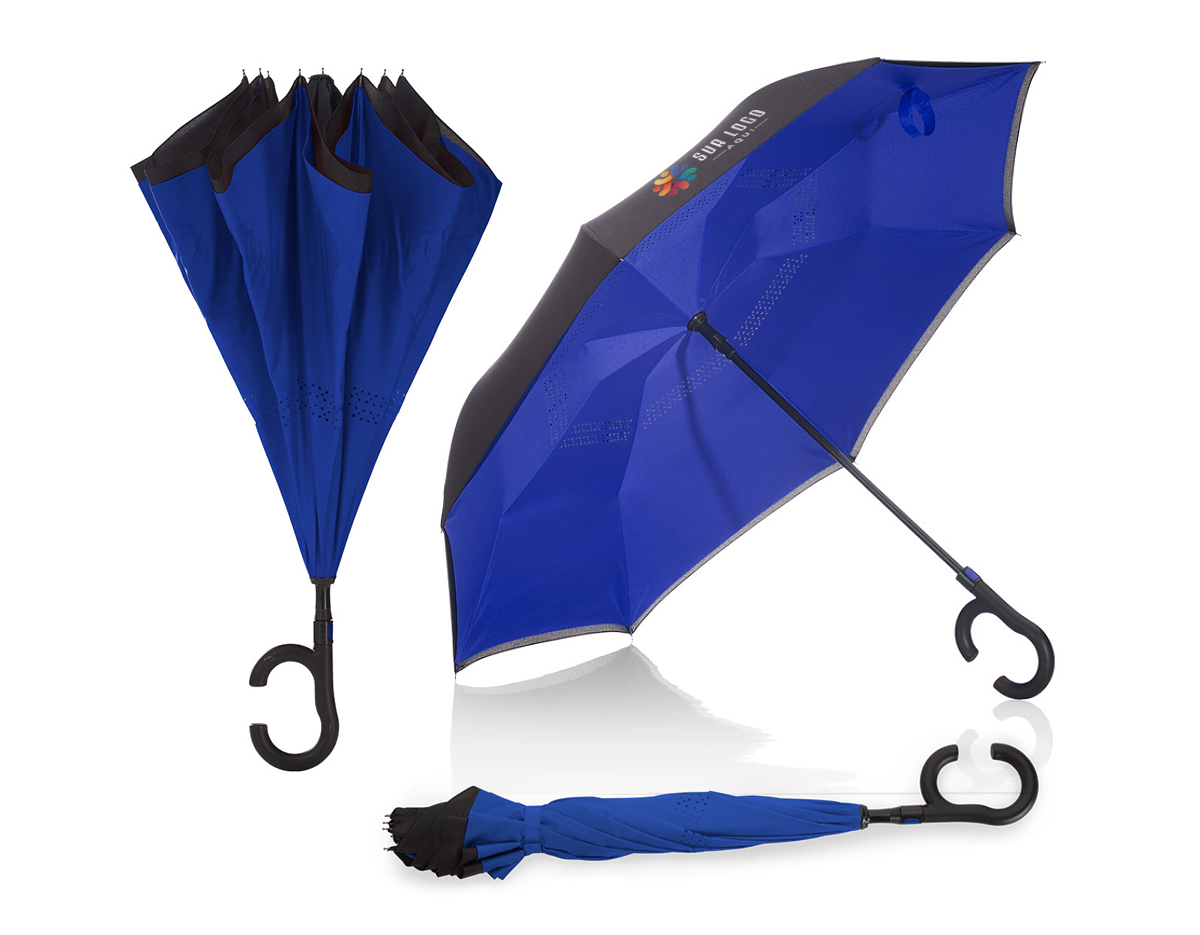guarda chuva invertido com cabo plástico e haste de metal, botão acionador para abertura automática, tecido ponge chinês, seda crua poliéster, oito varetas			