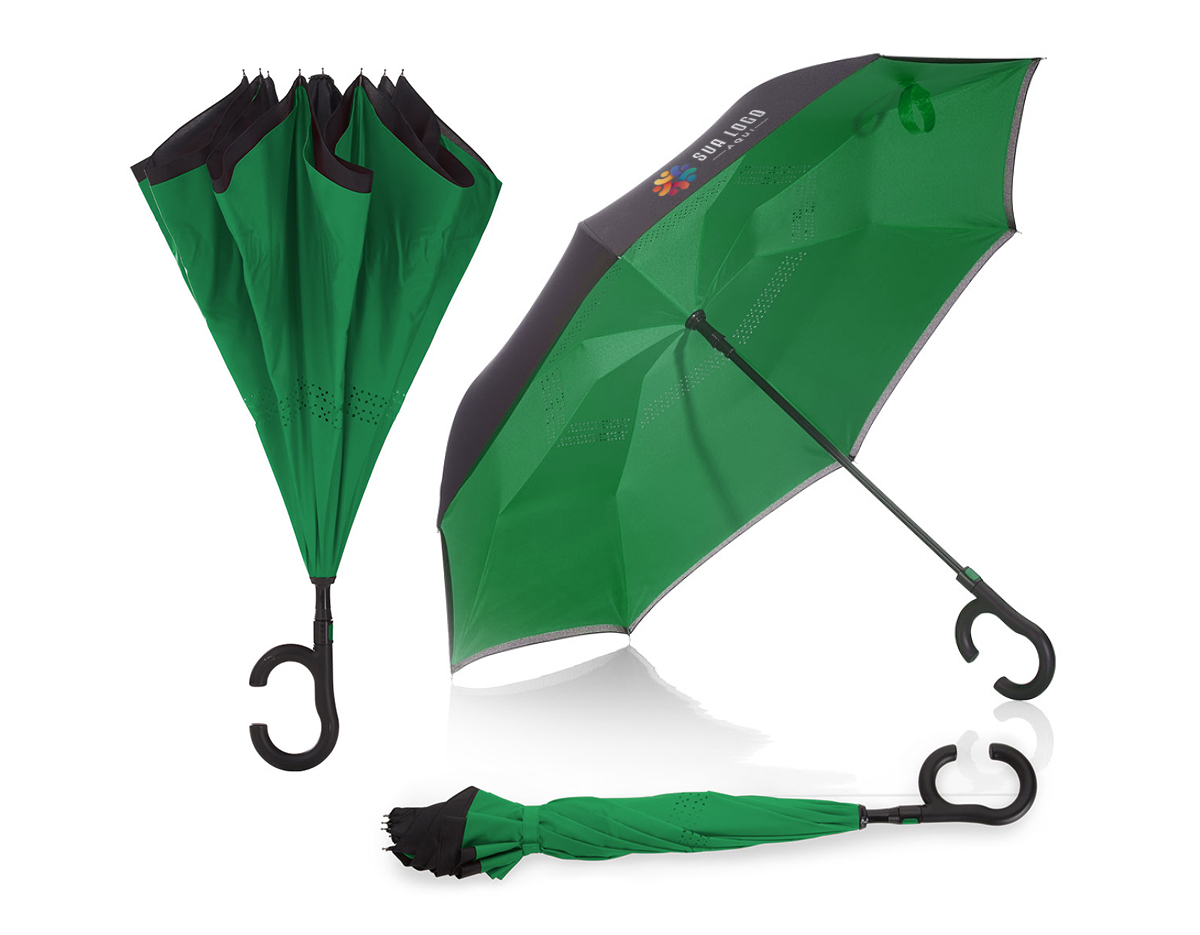 guarda chuva invertido com cabo plástico e haste de metal, botão acionador para abertura automática, tecido ponge chinês, seda crua poliéster, oito varetas			