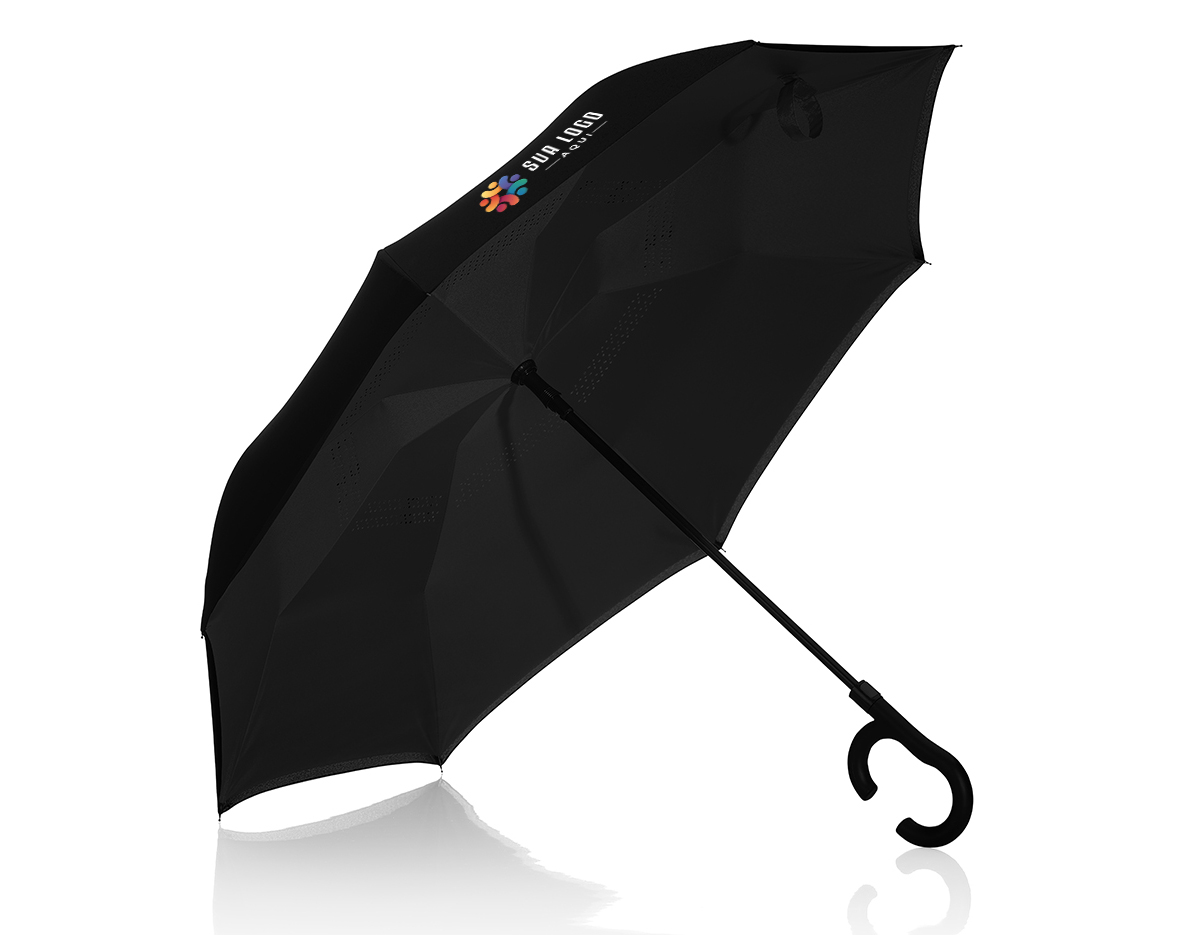 guarda chuva invertido com cabo plástico e haste de metal, botão acionador para abertura automática, tecido ponge chinês, seda crua poliéster, oito varetas			