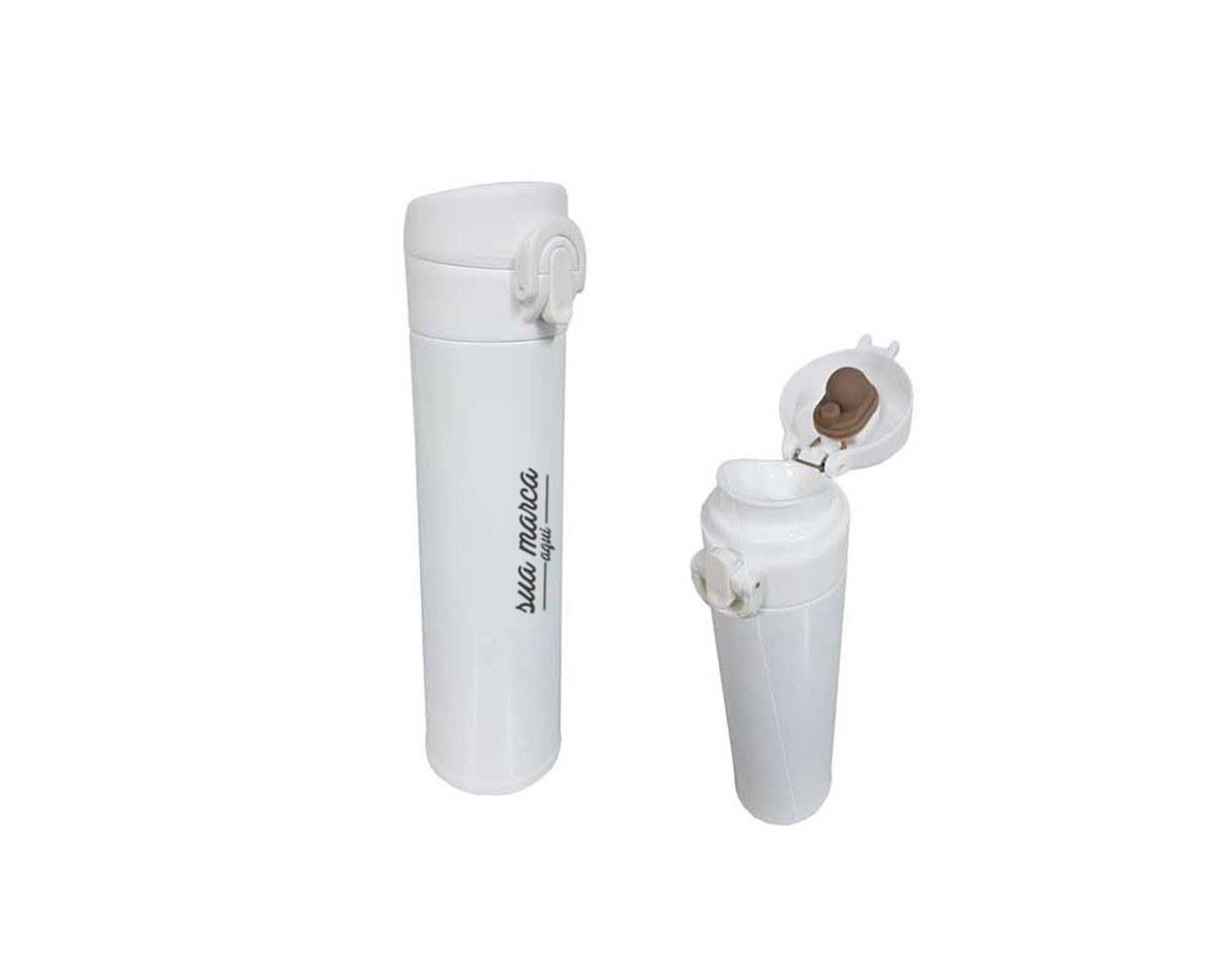 Garrafa térmica 350ml colorida com sistema de trava. 
