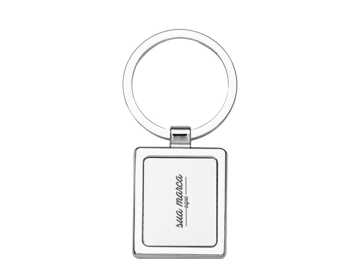 Chaveiro de metal quadrado com chapa central, verso liso.