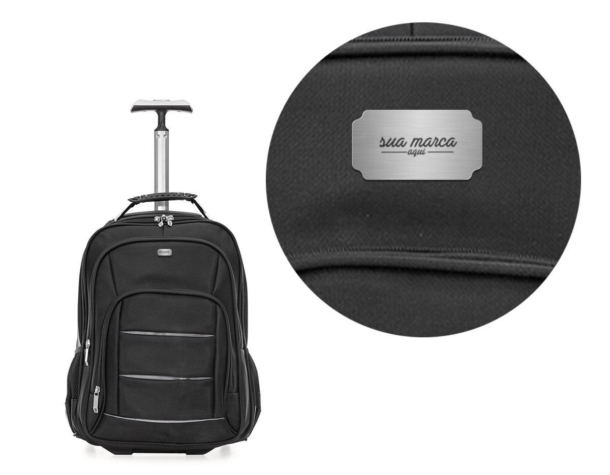 Mochila de carrinho com padrão para bagagem de mão,Confeccionada em nylon, contém alça de mão com pegador emborrachado com cabo de aço interno para garantir maior resistência, puxador retrátil com regulagem e botão acionador