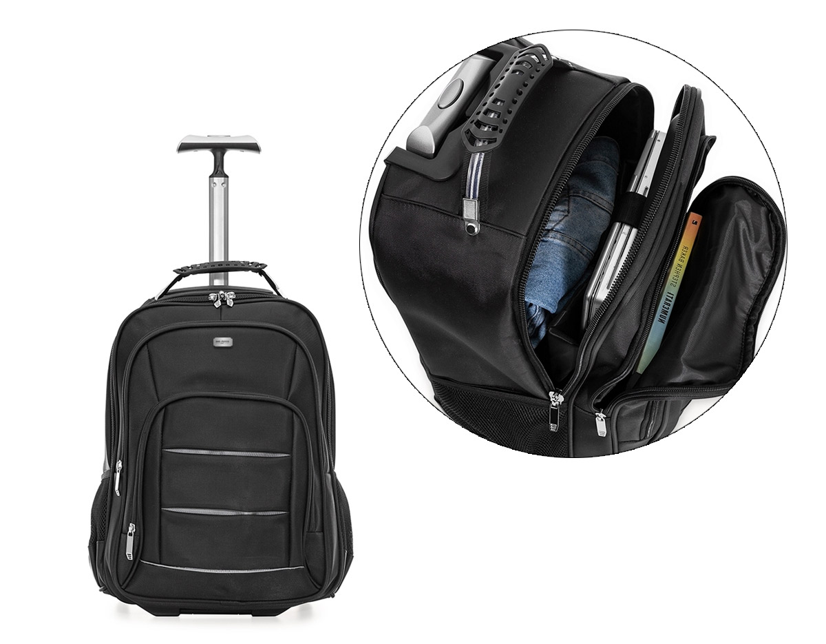 Mochila de carrinho com padrão para bagagem de mão,Confeccionada em nylon, contém alça de mão com pegador emborrachado com cabo de aço interno para garantir maior resistência, puxador retrátil com regulagem e botão acionador