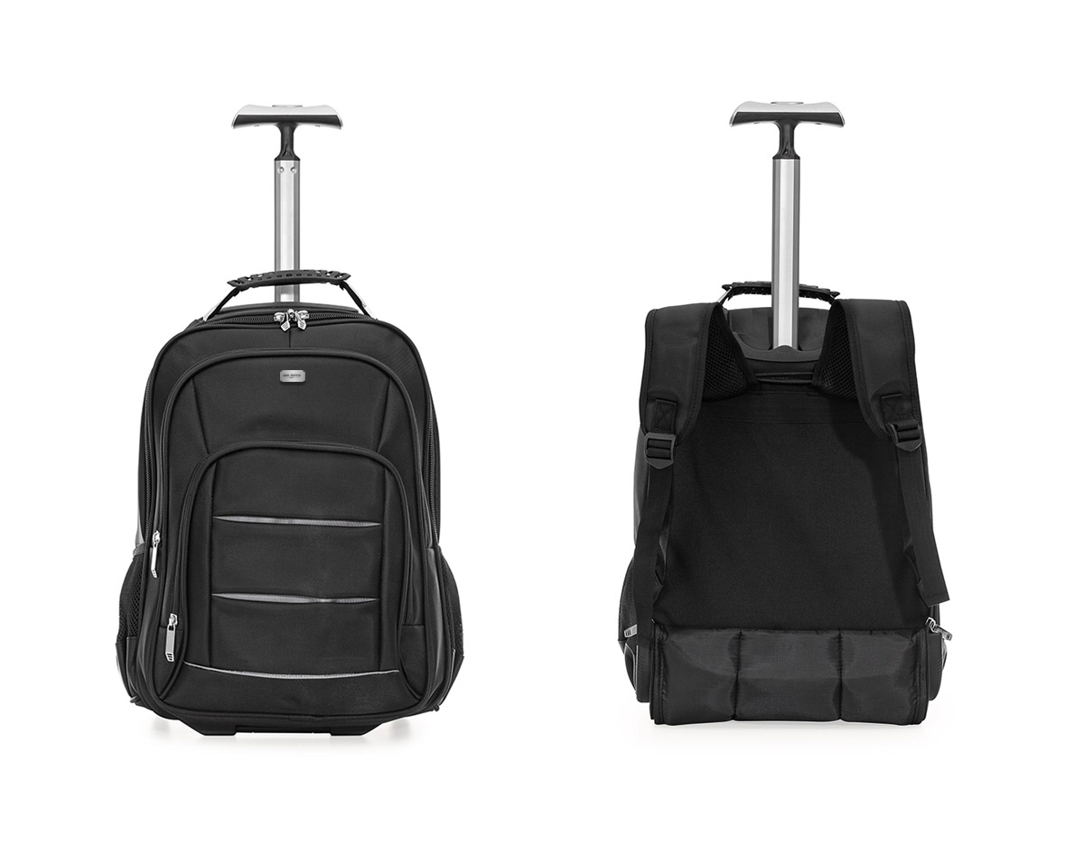 Mochila de carrinho com padrão para bagagem de mão,Confeccionada em nylon, contém alça de mão com pegador emborrachado com cabo de aço interno para garantir maior resistência, puxador retrátil com regulagem e botão acionador