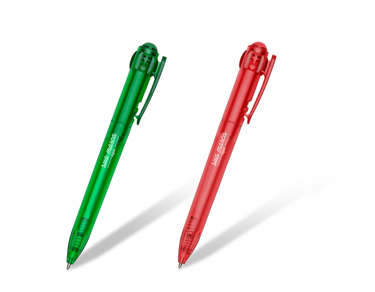 Caneta plástica translúcida inteira colorida com acionador em relevo. Suporte do clip com dois furos em cada lateral e detalhe em relevo, possui anel "vazado" abaixo do clip e detalhes na parte inferior em relevo. Aciona por clique e destrava apertando a parte inferior do clip.