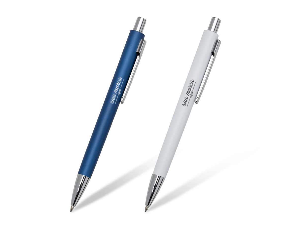 Caneta semimetal inteira colorida com clip metal, acionador e ponteira prata. Aciona por clique.

