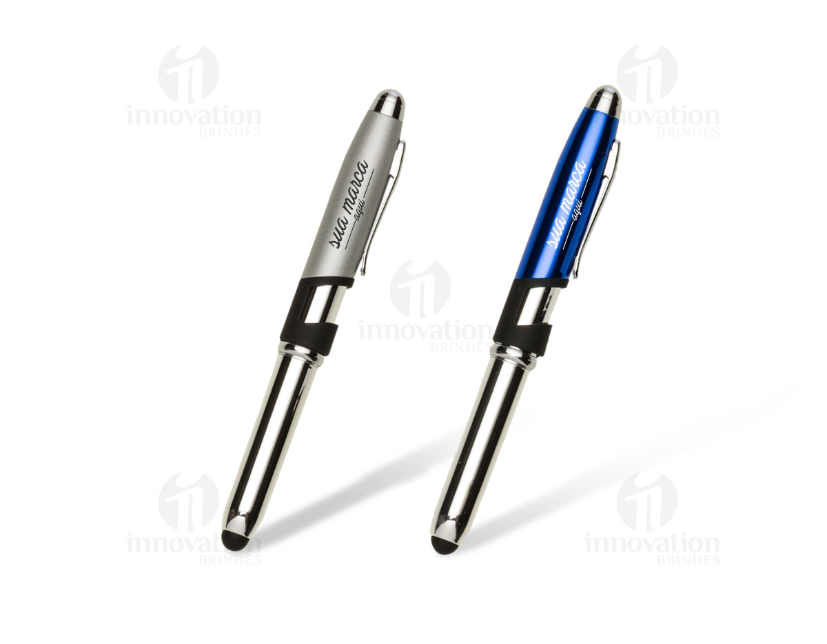 Mini caneta semimetal colorida com touch com suporte para celular, possui detalhes em prata e preto. Clip metal prata com um suporte preto para encaixe de celular