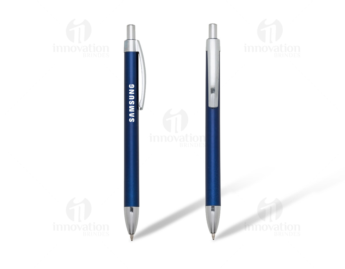 Caneta plástica de pintura metalizada colorida e acessórios prata. Clip metálico de acionador e ponteira prata. Aciona por clique.