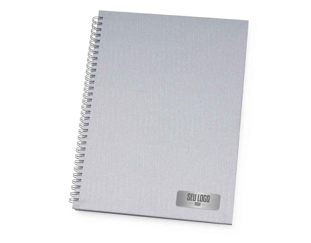 Caderno de negócios grande com pintura metalizada e wire-o prata. Miolo permanente e folhas para preenchimento de dados pessoais, comerciais e contatos 100 folhas brancas com pauta