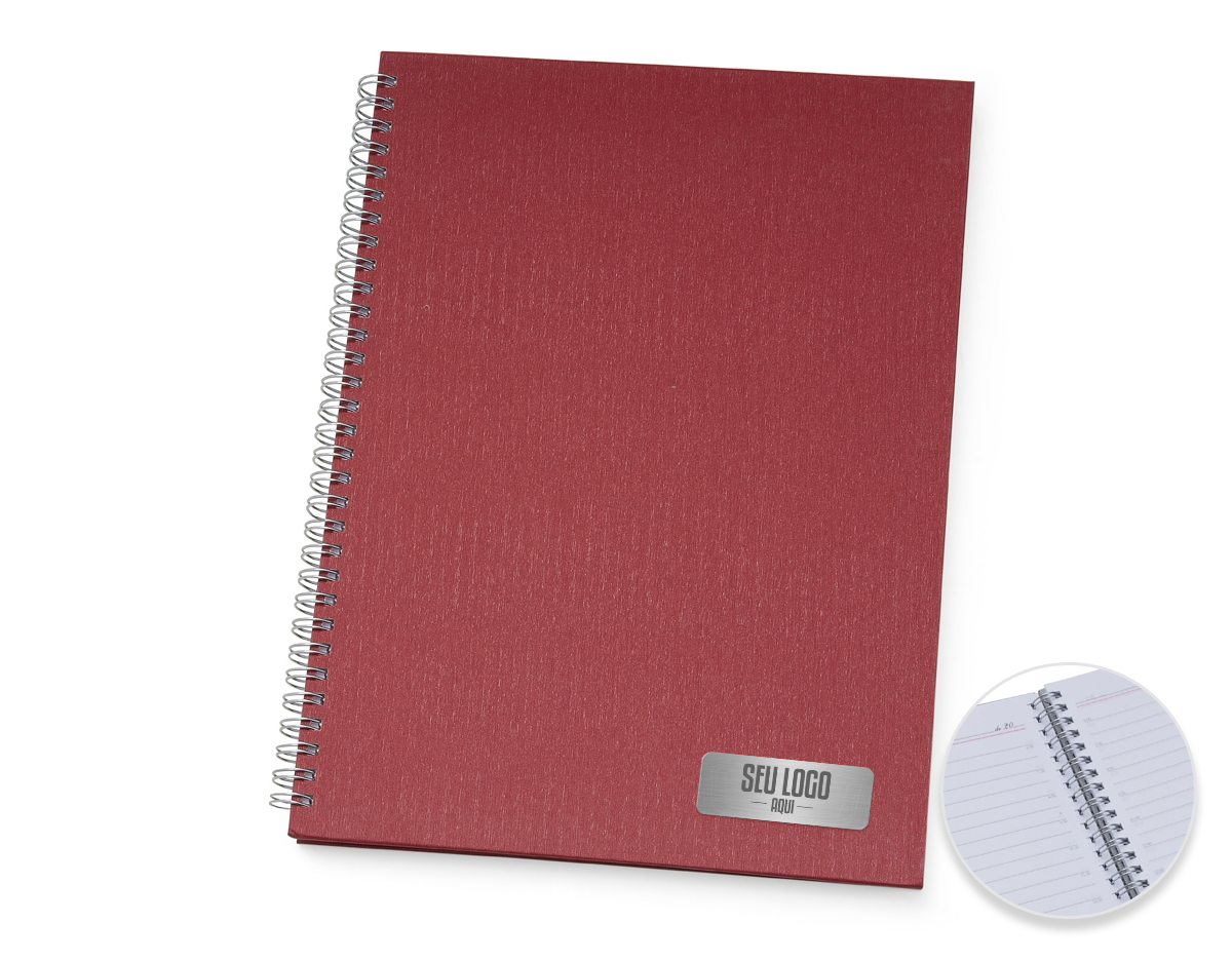 Caderno de negócios grande com pintura metalizada e wire-o prata. Miolo permanente e folhas para preenchimento de dados pessoais, comerciais e contatos 100 folhas brancas com pauta