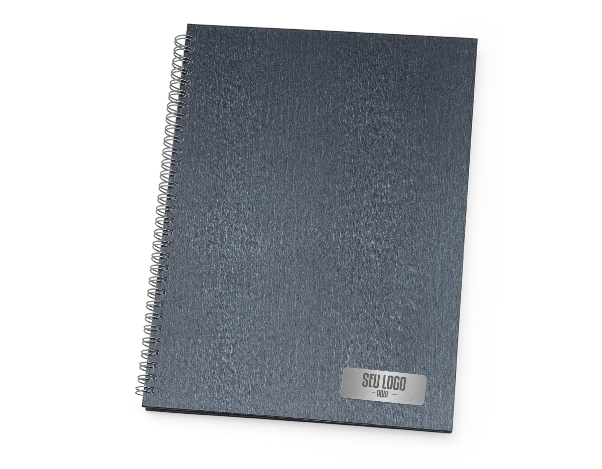 Caderno de negócios grande com pintura metalizada e wire-o prata. Miolo permanente e folhas para preenchimento de dados pessoais, comerciais e contatos 100 folhas brancas com pauta