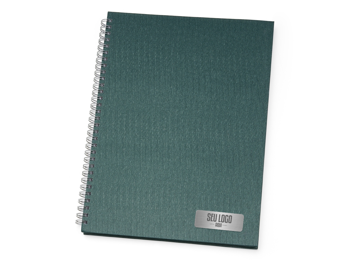 Caderno de negócios grande com pintura metalizada e wire-o prata. Miolo permanente e folhas para preenchimento de dados pessoais, comerciais e contatos 100 folhas brancas com pauta