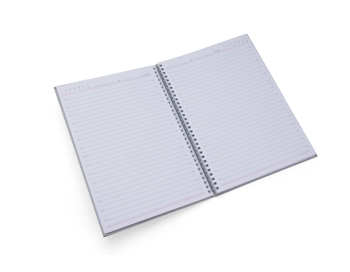 Caderno de negócios grande com pintura metalizada e wire-o prata. Miolo permanente e folhas para preenchimento de dados pessoais, comerciais e contatos 100 folhas brancas com pauta