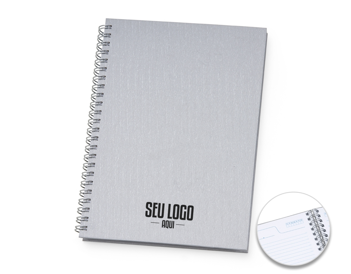 Caderno de negócios pequeno com pintura metalizada e wire-o prata. Miolo permanente e folhas para preenchimento de dados pessoais e comerciais.100 folhas pautadas