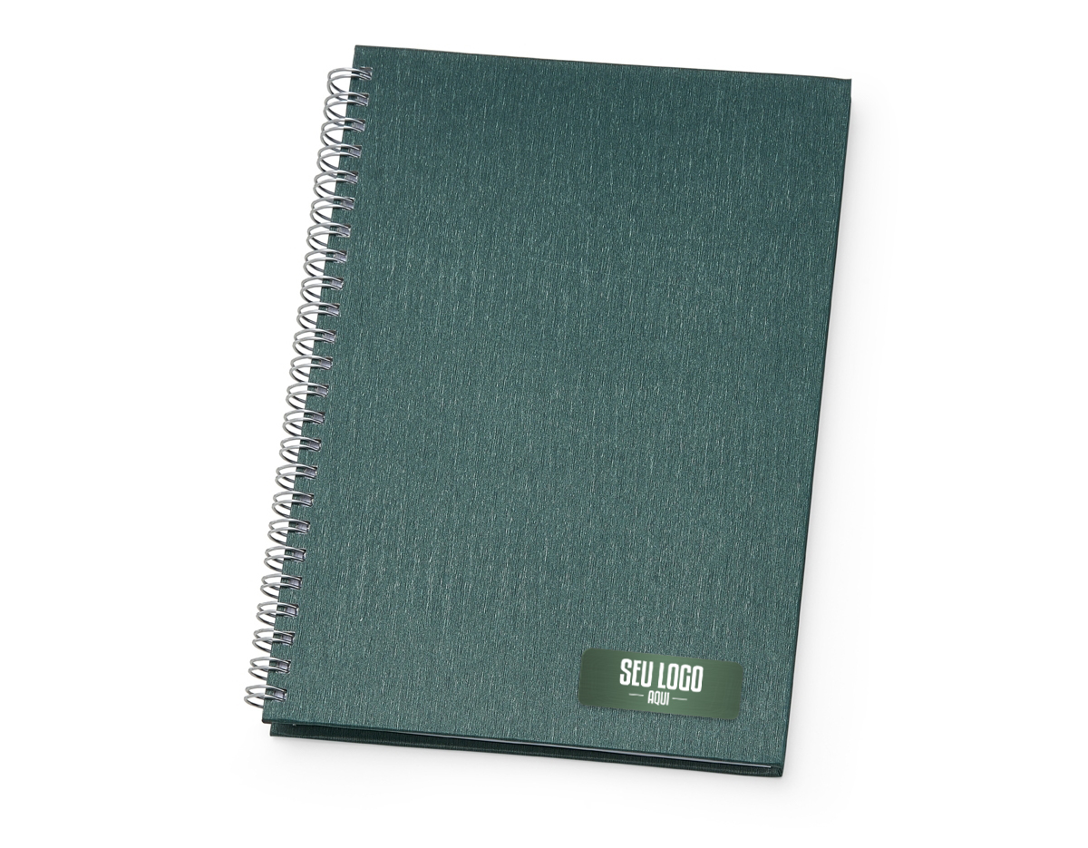 Caderno de negócios pequeno com pintura metalizada e wire-o prata. Miolo permanente e folhas para preenchimento de dados pessoais e comerciais.100 folhas pautadas