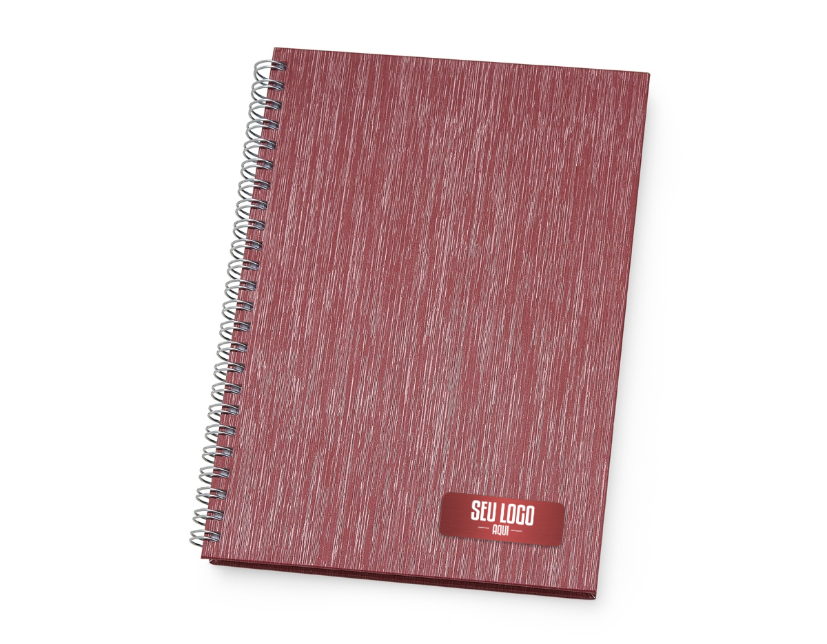 Caderno de negócios pequeno com pintura metalizada e wire-o prata. Miolo permanente e folhas para preenchimento de dados pessoais e comerciais.100 folhas pautadas