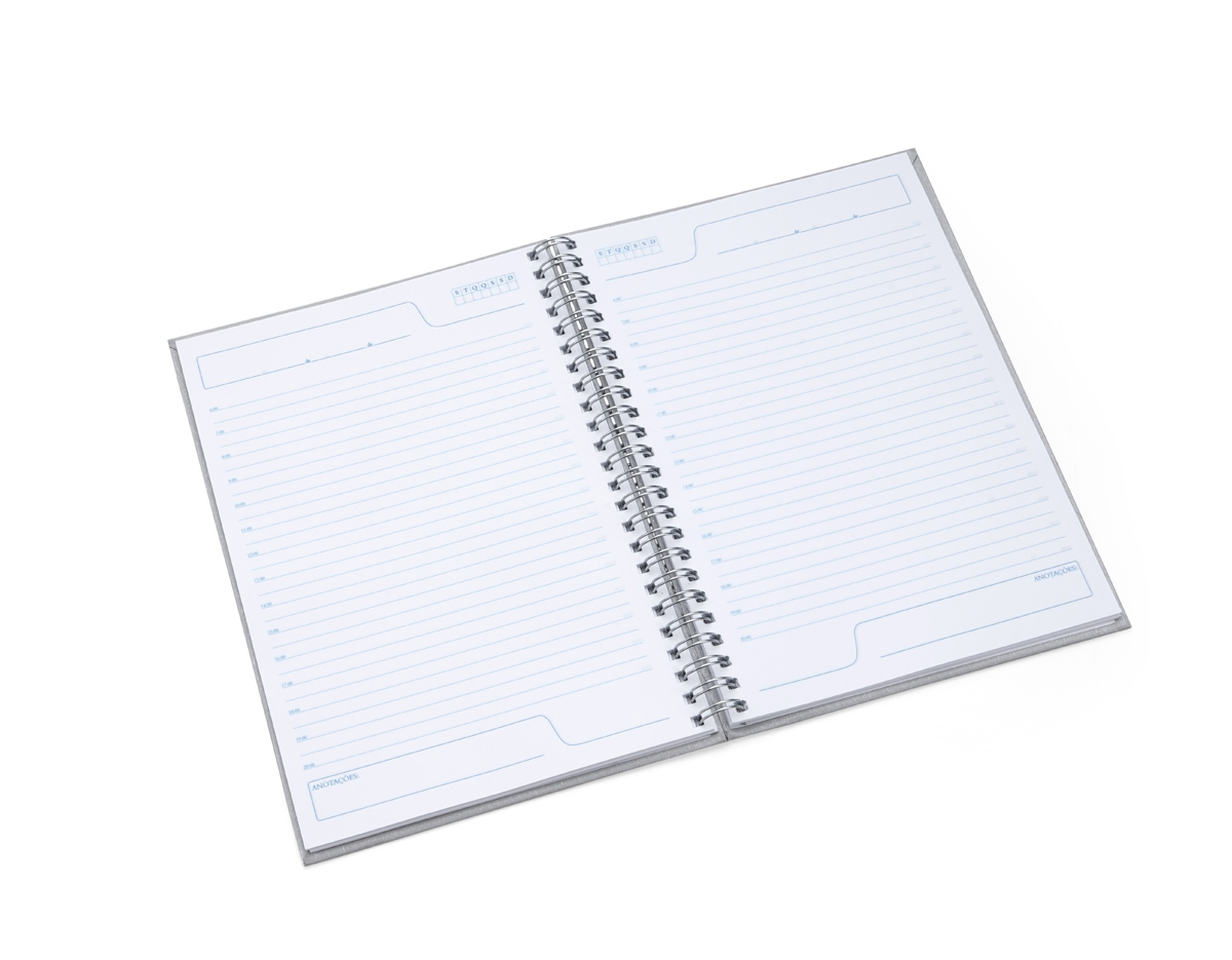 Caderno de negócios pequeno com pintura metalizada e wire-o prata. Miolo permanente e folhas para preenchimento de dados pessoais e comerciais.100 folhas pautadas