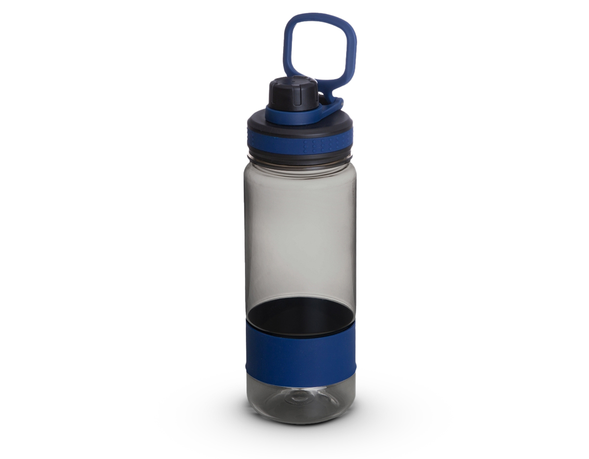 Squeeze 700ml de plástico com alça. Tampa do squeeze e tampa de bico rosqueáveis, possui borracha inferior e detalhe emborrachado com relevo na tampa.