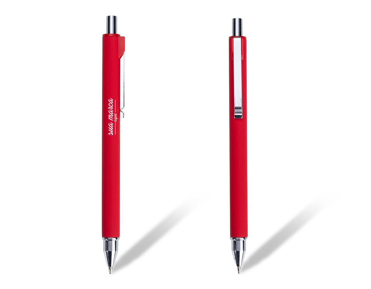 Caneta de alumínio com revestimento emborrachado e detalhes prata, aciona por clique