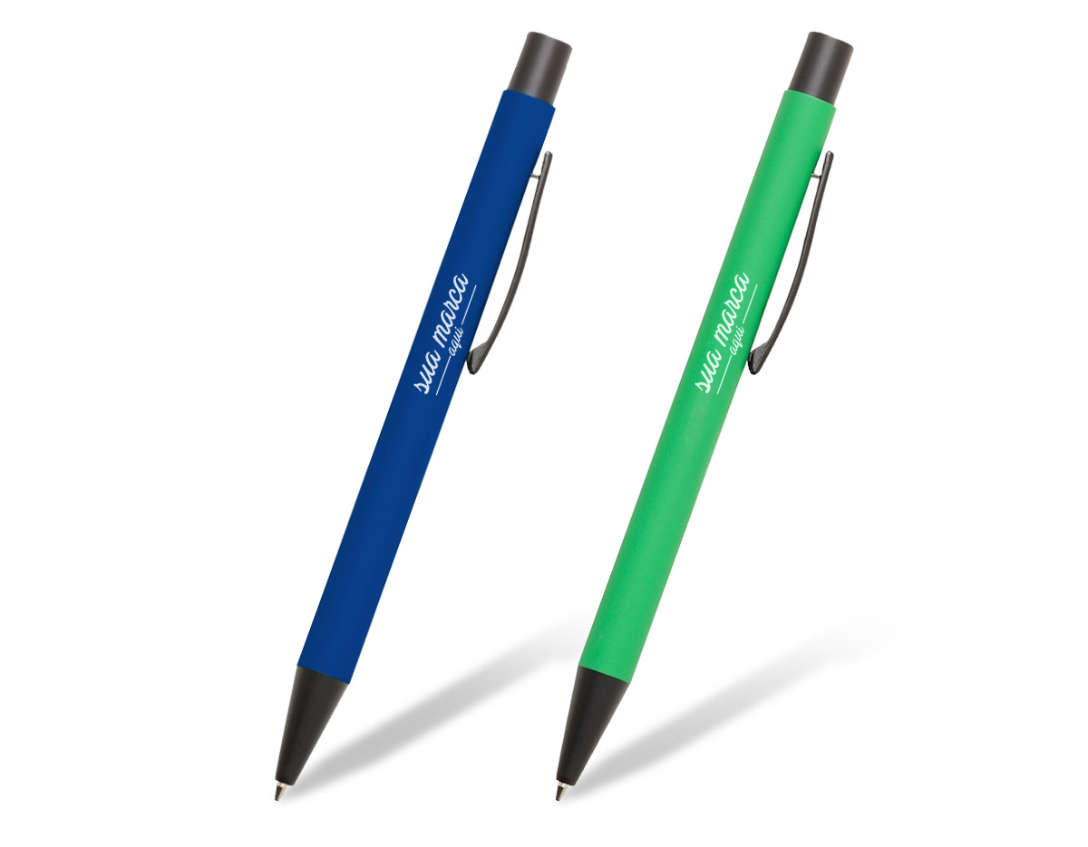 Caneta metal com pintura fosca colorida, acionador, clip e ponteira na cor preta. Aciona por clique.